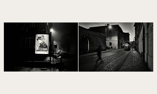 Jazz poster and man catching tram